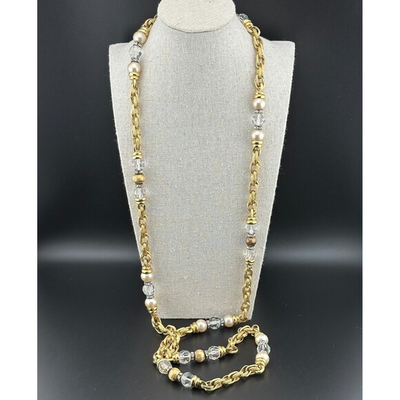 Heavy Vintage Gold Plated Chain Necklace Faux Pearl Crystal Beads Rhinestone 22" - Picture 5 of 11
